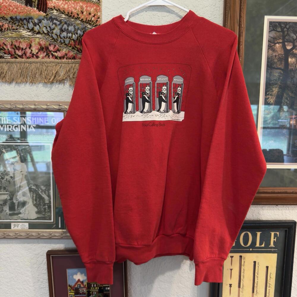 Vintage 80s RARE 4 Calling Birds Funny Red Christmas Sweatshirt Size Large
